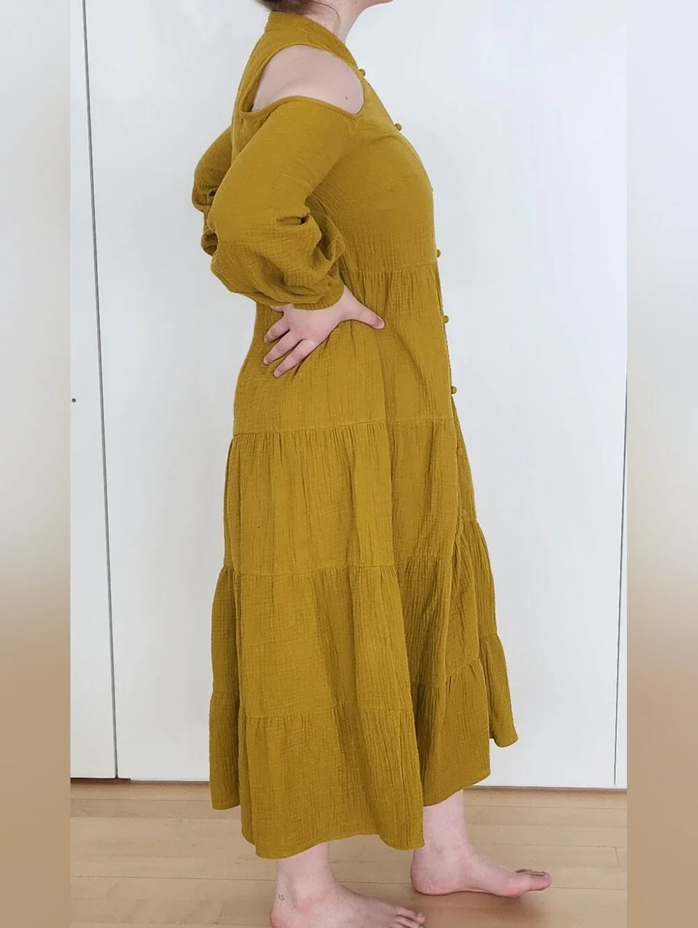 Tiered Button-Front Midi Dress in Mustard